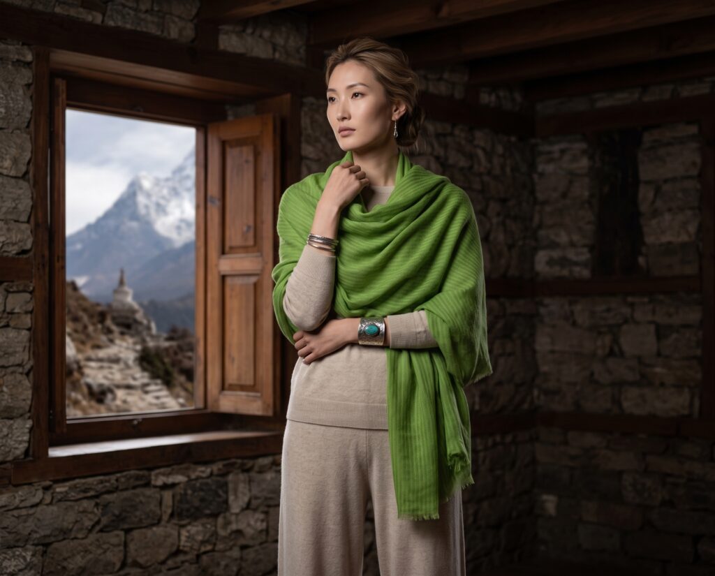 Woman in a green cashmere scarf by a window facing Himalayan peaks
