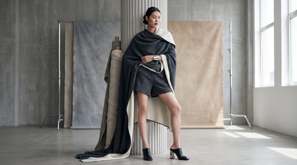 Model in a dark cashmere wrap in a bright studio