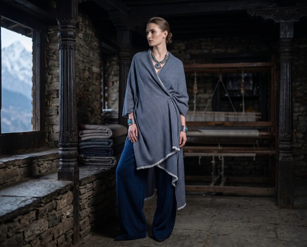 Model in a blue-grey cashmere wrap inside a stone workshop